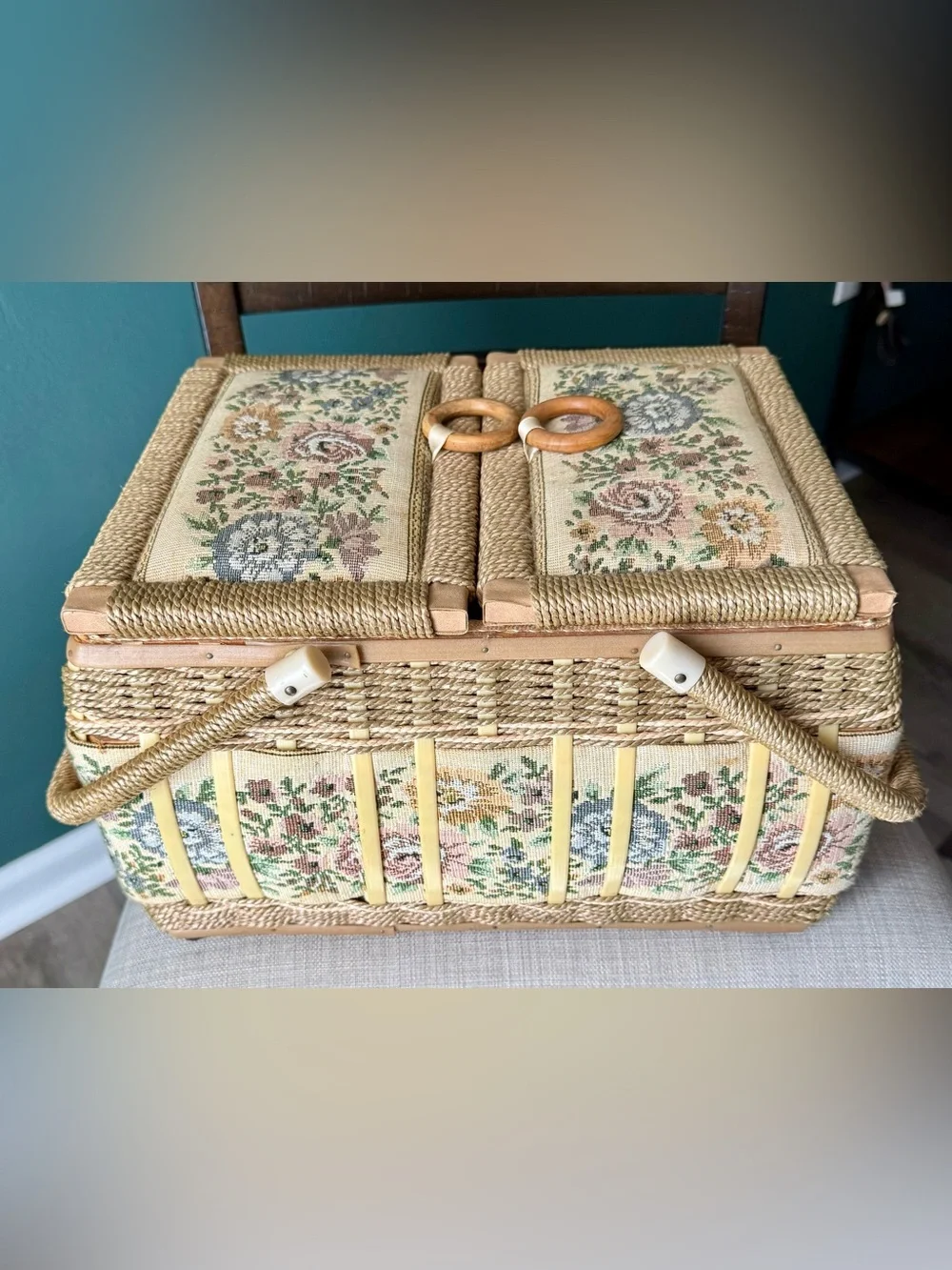 Vintage AZAR Woven Wicker Sewing Basket with Floral Tapestry